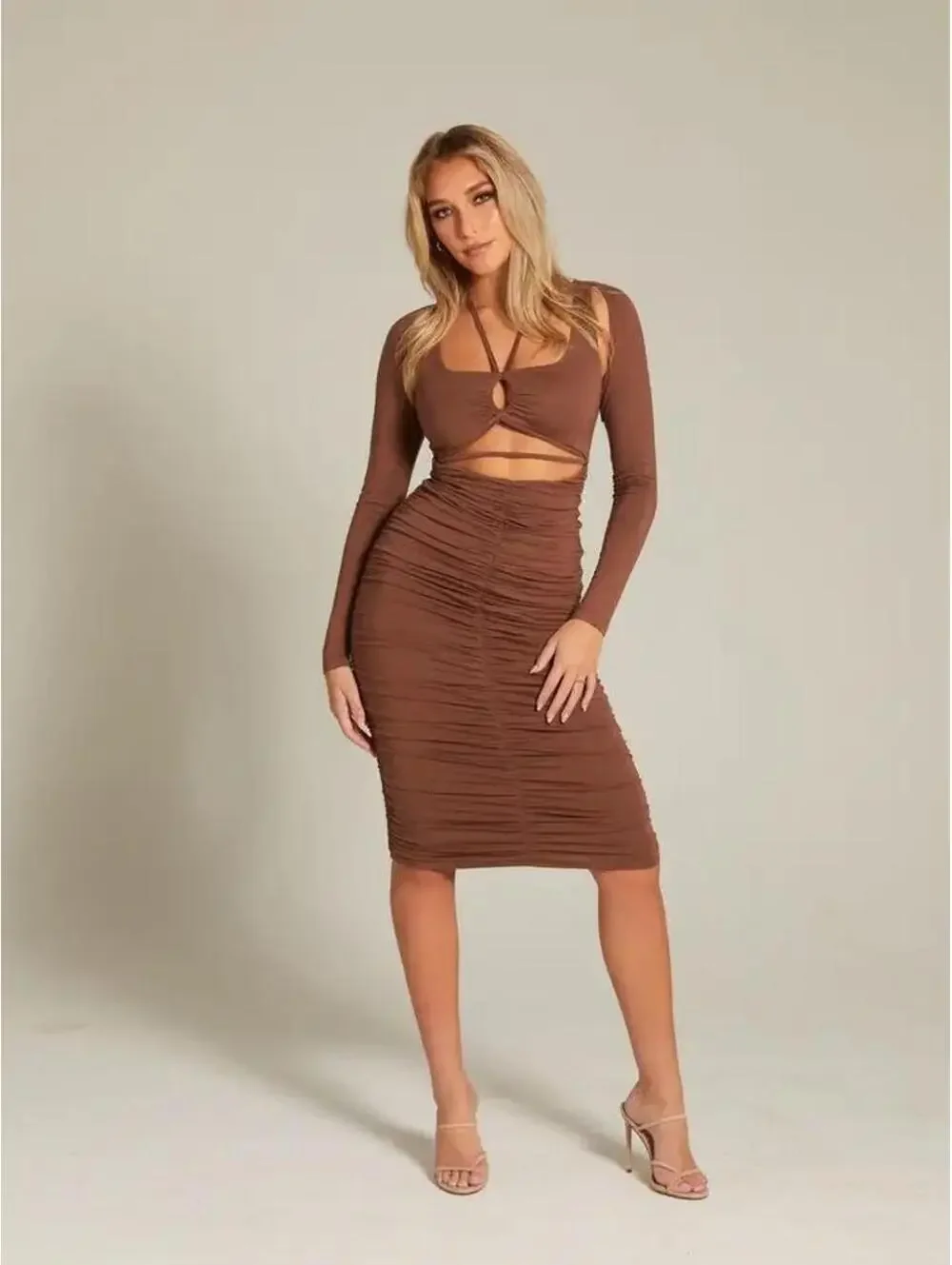 Alana Eve Brown Ruched Cutout 2 Piece Midi Dress Set matching shrug bolero 3X